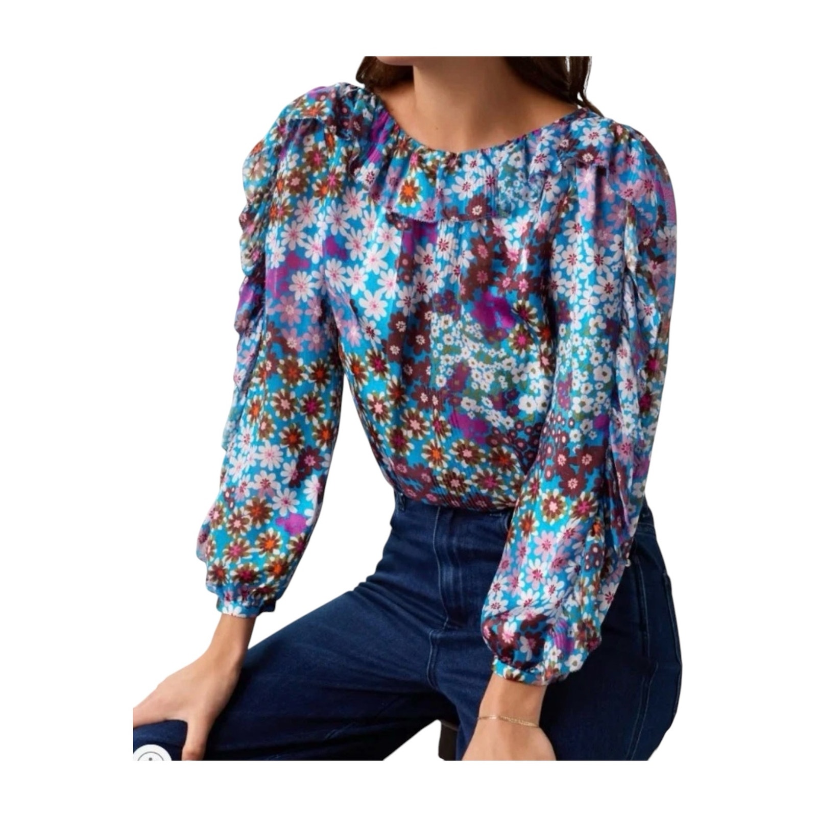 Kate Spade Ny Pacific Petals Chiffon Blouse Silk Blue Floral Long Sleeve Xxs